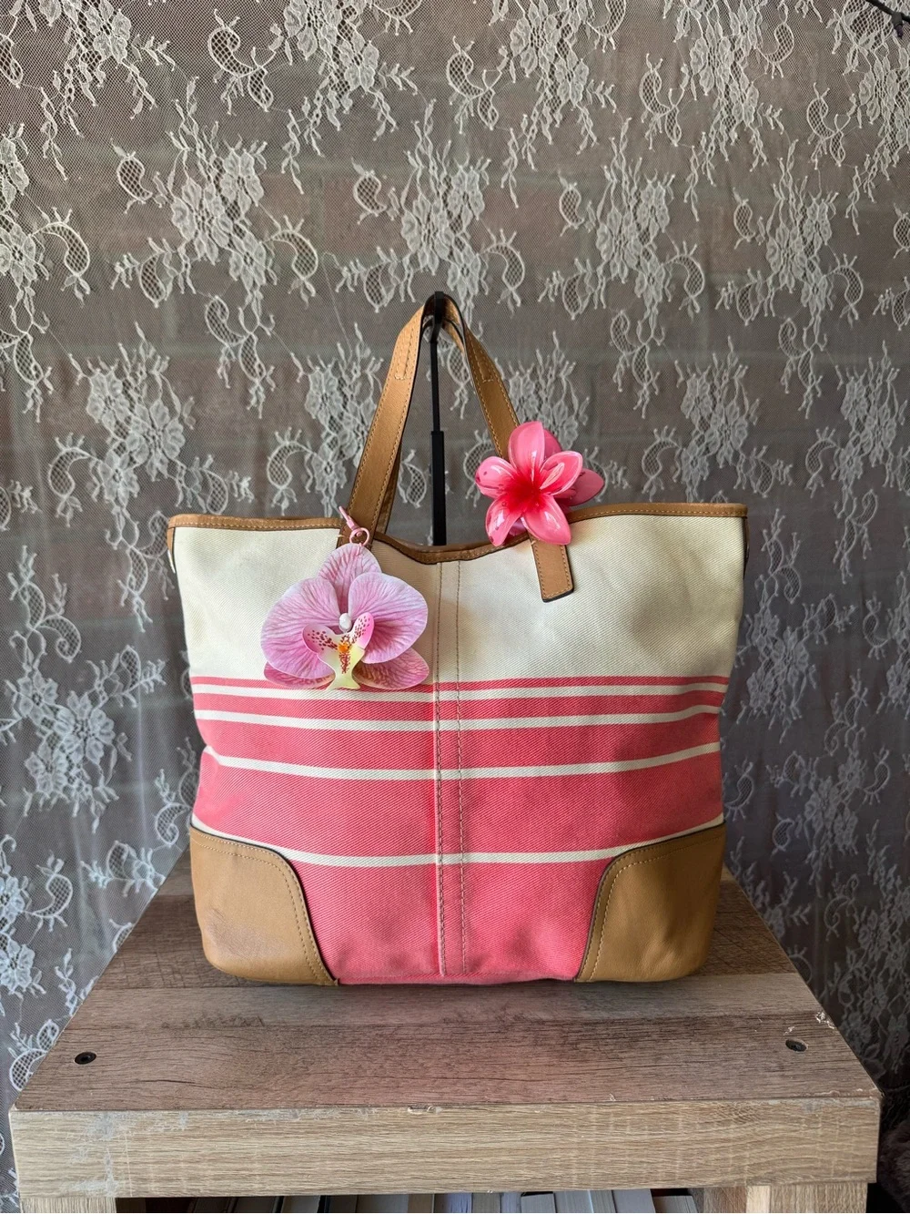 Coach Pink and Cream Canvas Stripe Tote with Tan Leather Trim